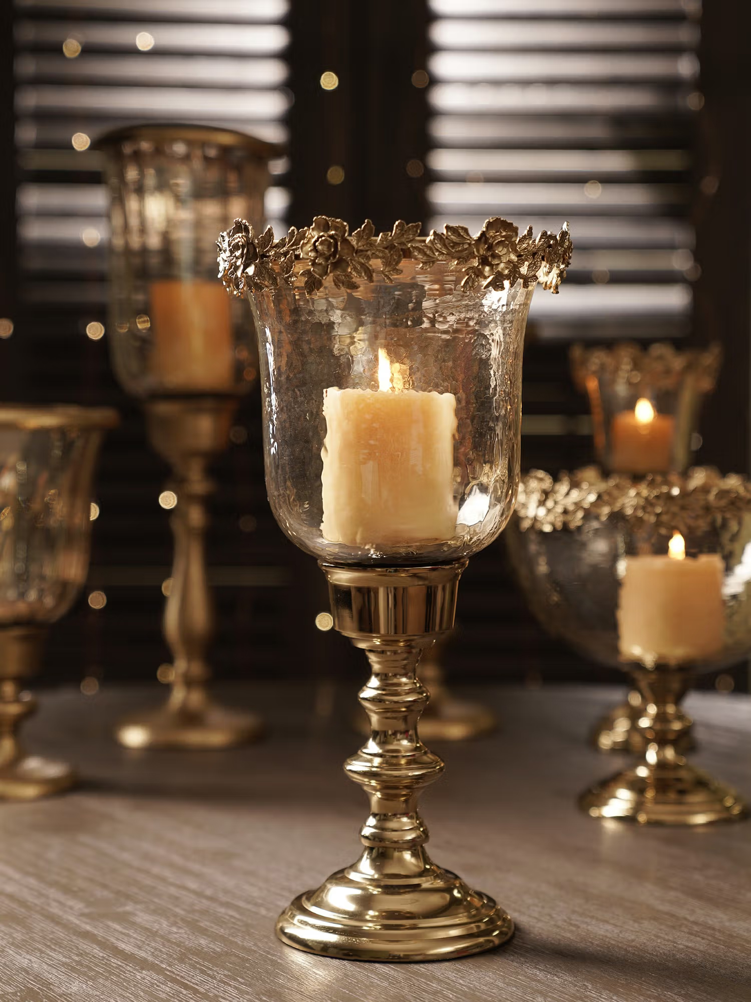 Pure Home + Living Amber & Gold Glass Hammered Hurricane Candle Holder