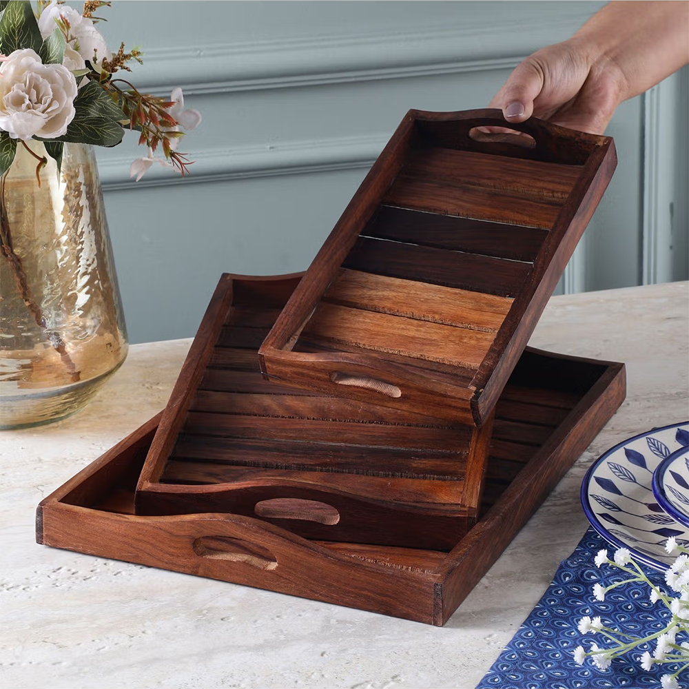 The Decor Mart Wooden Serving Tray (Set of 3)