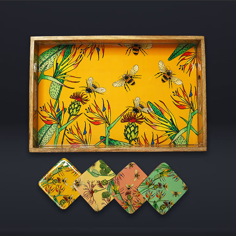 Yellow Marigold Bees In Paradise Rectangle Wooden Tray - Multicolor