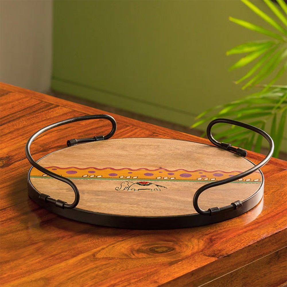 ExclusiveLane Round Handled Madhubani Hand-painted Tray In Mango Wood & Iron