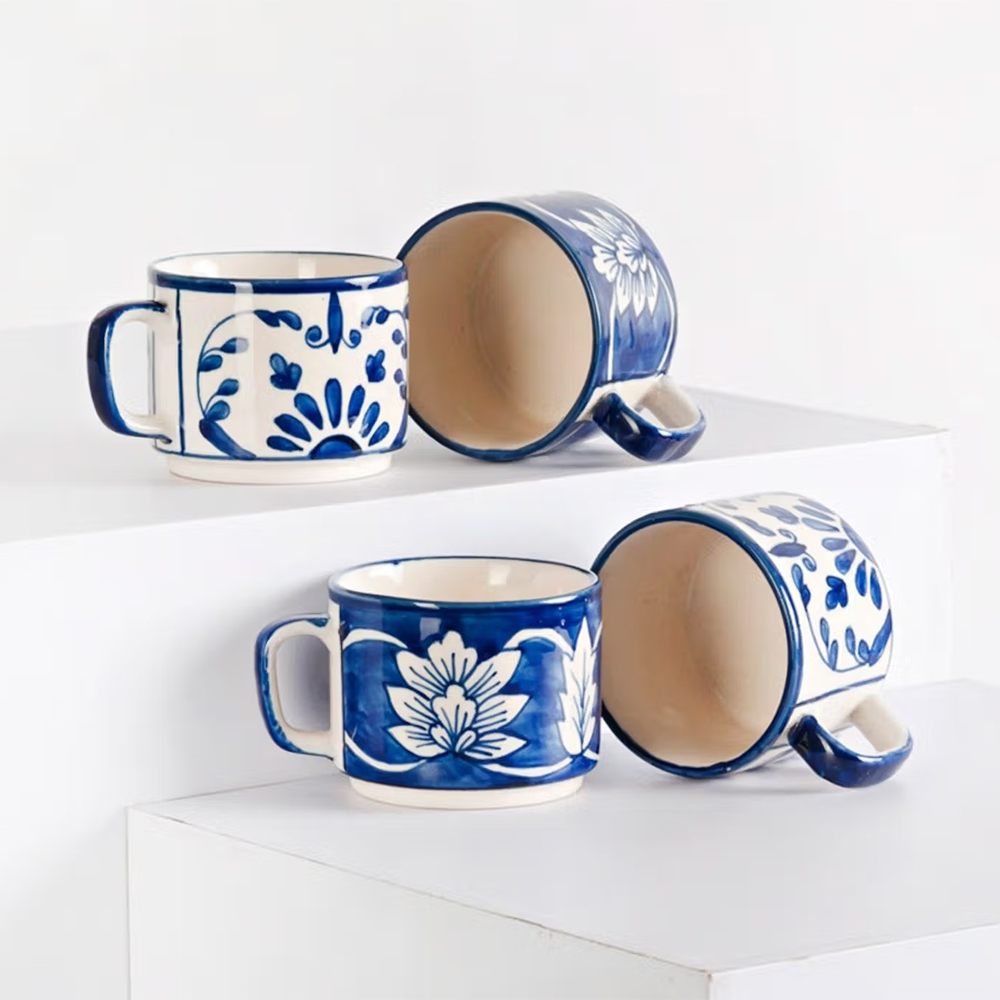 Fabindia Blue Neel Kamal Ceramic Painted Mug Set of 4