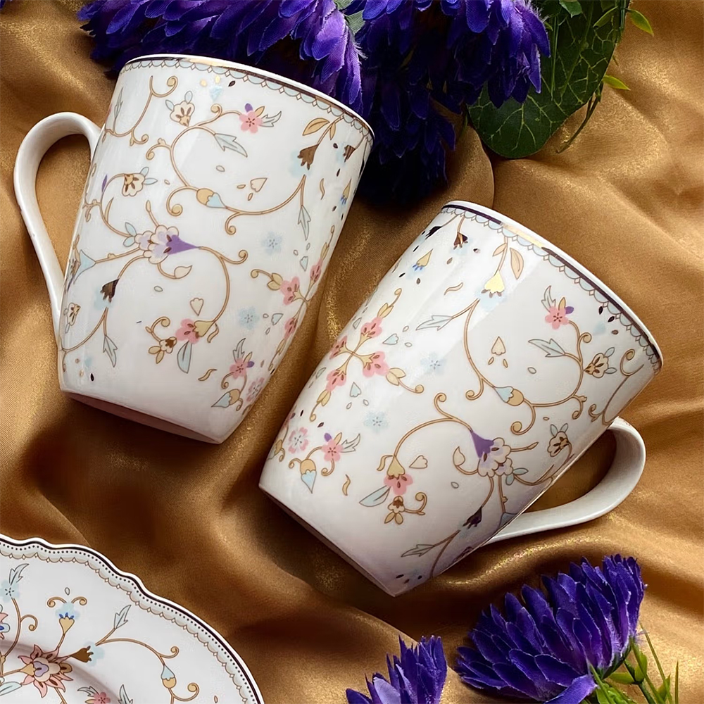 Vigneto White Pattern Coffee Mugs -Set of 2