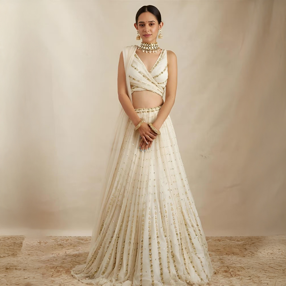 Odette Off White Georgette Embellished Semi-Stitched Lehenga Unstiched Choli with Dupatta