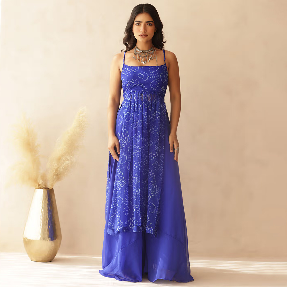 DEASHA INDIA Aditi Blue Bandhej Strap Kurta with Palazzo (Set of 2)
