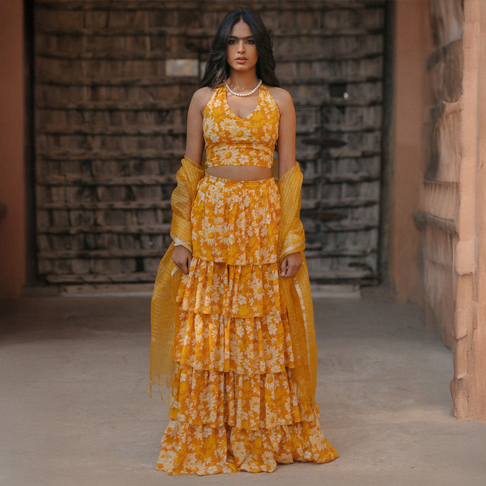 Baaro Masi Yellow Modal Printed Lehnga with Organza Dupatta