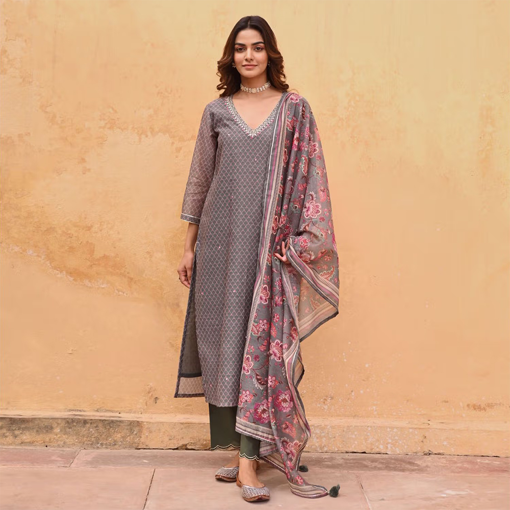 Karaj Jaipur V-Neck Grey Chanderi Kurta with Pant and Dupatta (Set of 3)