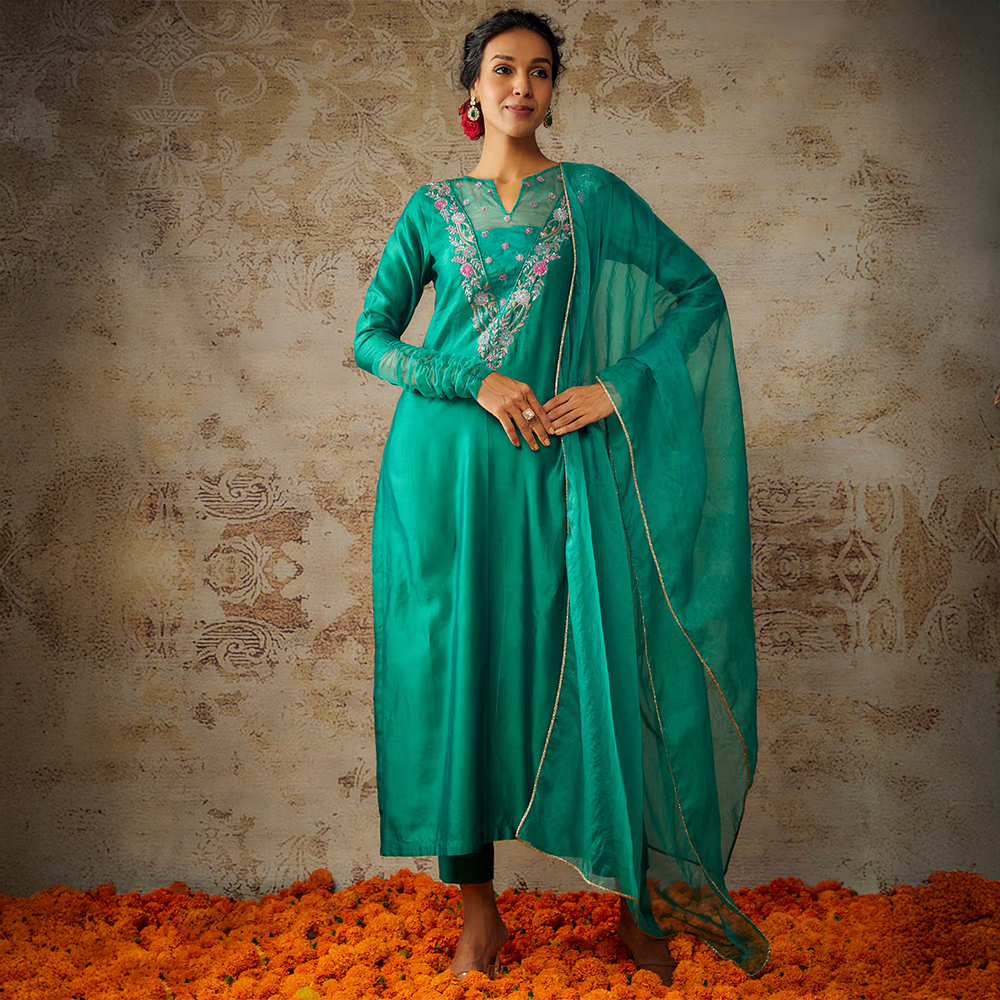 The Aarya Peacock Green Chanderi Embroidered Kurta Pant with Dupatta