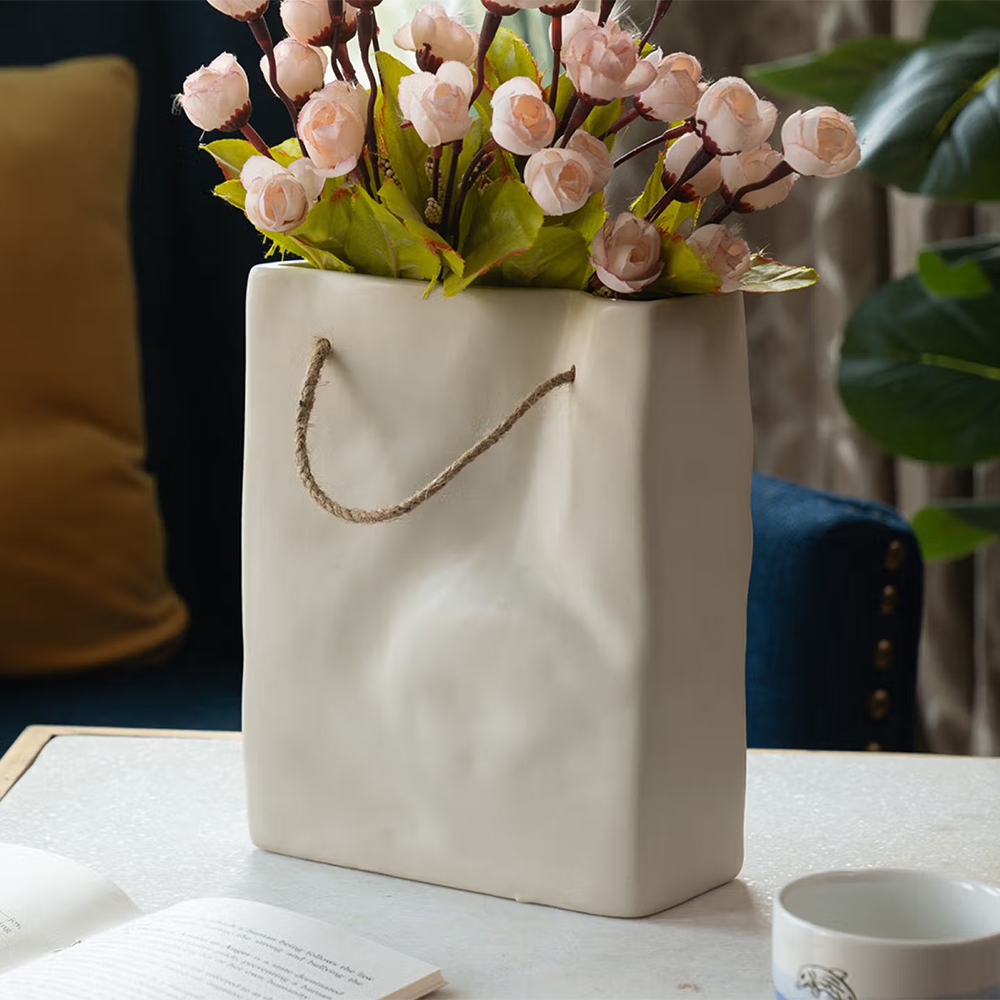 Ivory Crinkled Paper Bag Ceramic Vase