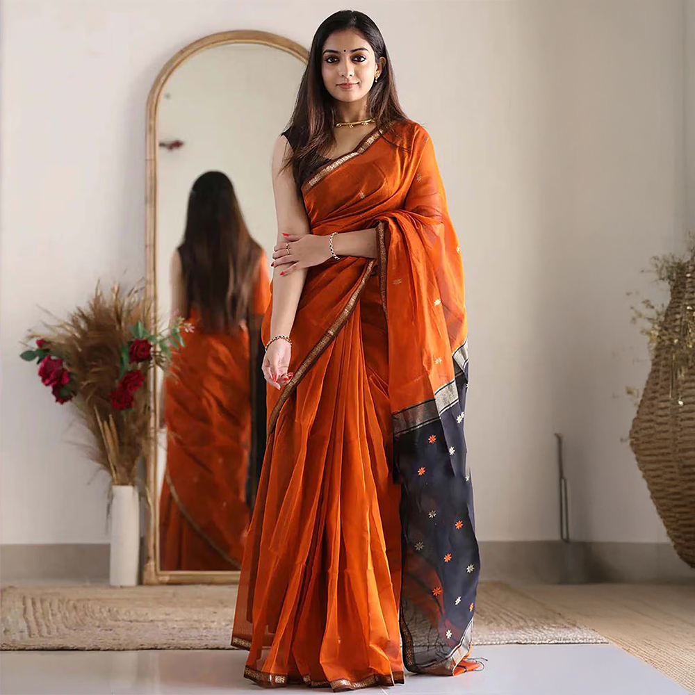Anjaneya Sarees Orange Woven Designer Cotton Silk Kanjivaram Saree with Unstitched Blouse