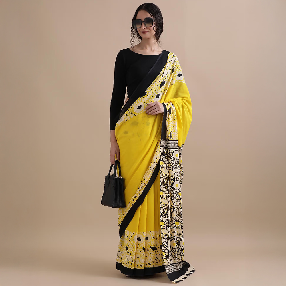 Jaipur Kurti Yellow Mulmul Cotton Floral Printed Saree with Unstitched Blouse