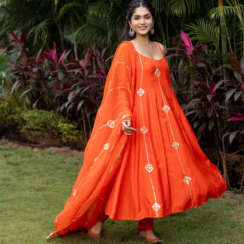 Ghoomar Jaipur Orange Gotta Patti Anarkali Kurta with Churidar Pant and Dupatta (Set of 3)