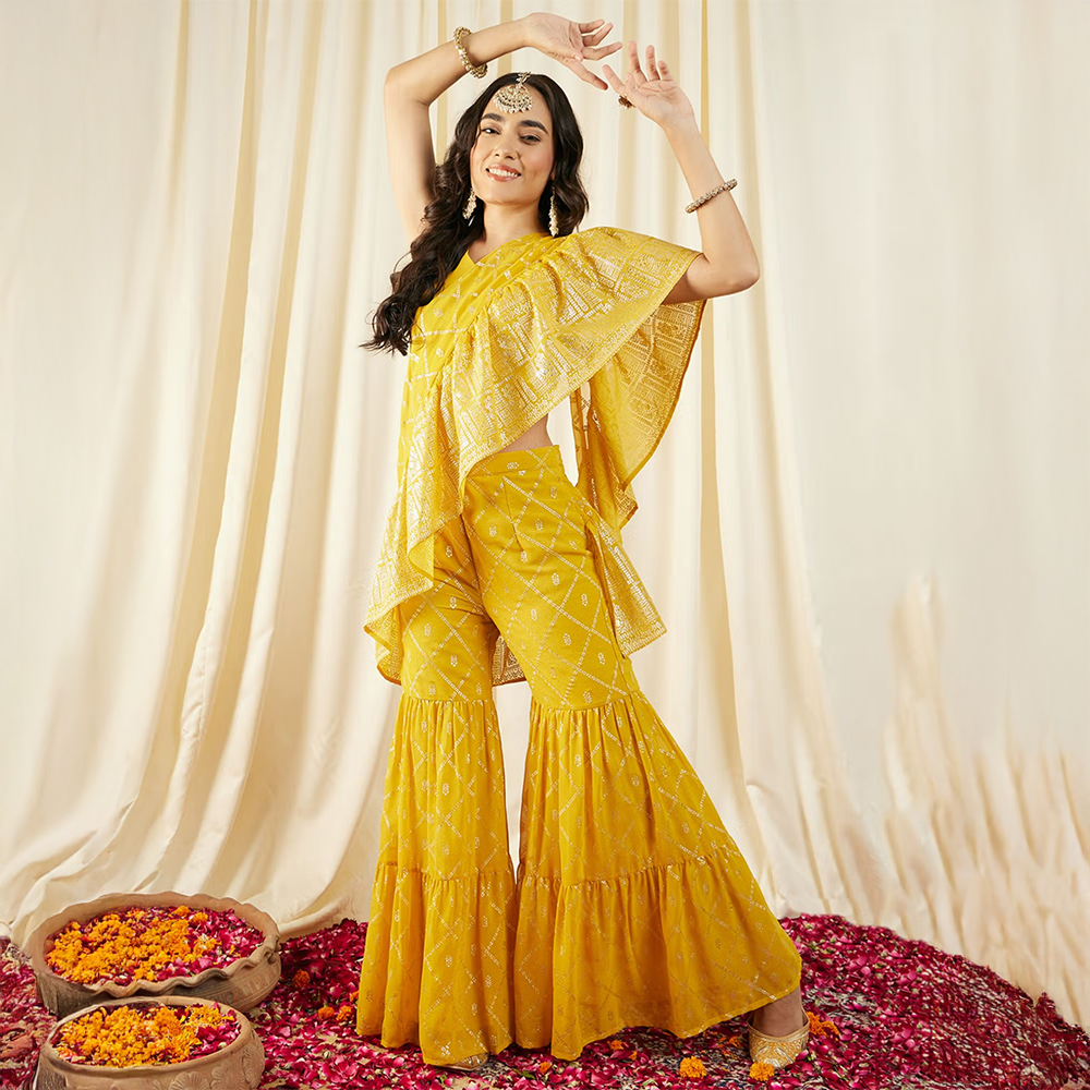Mabish By Sonal Jain Yellow Printed Crop Top with Sharara & Frill Dupatta (Set of 3)