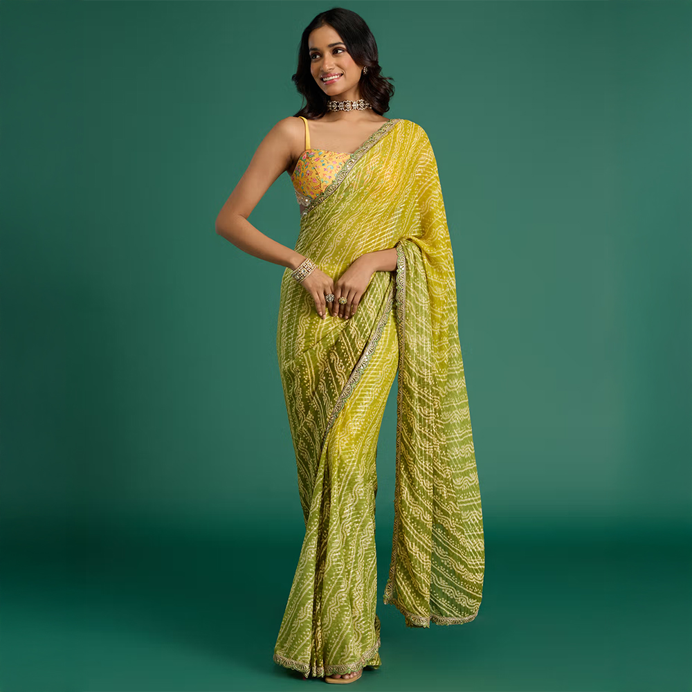 Gajra Gang Global Gypsy Bandhani Print & Diamond Yellow Saree with Unstitched Blouse