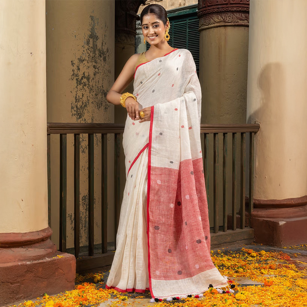 Angoshobha White Linen All Body Buti Red Pallu Handloom Saree with Unstitched Blouse