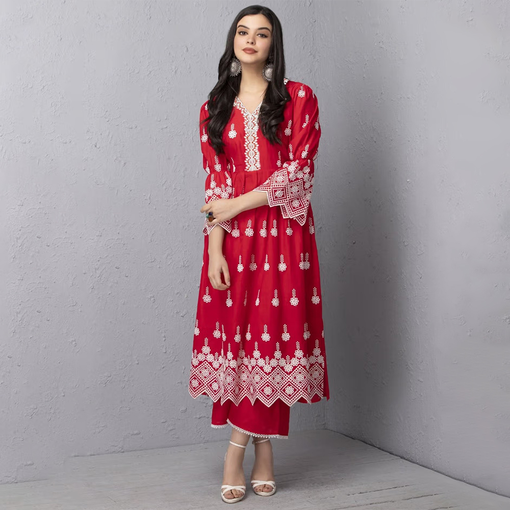 SEW Red Chikankari Floral Motif Mul Anarkali Kurta with Palazzo (Set of 2)