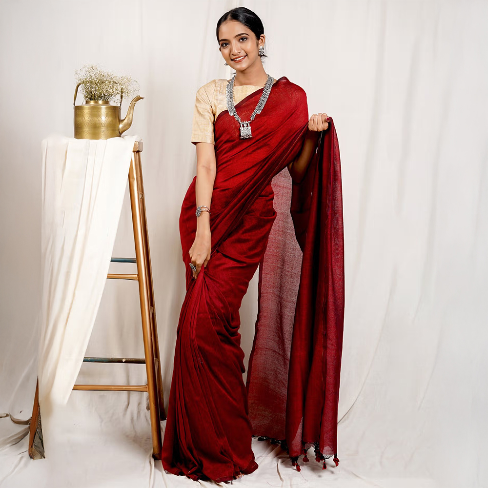 Teejh Salvia Red Mulmul Cotton Saree with Unstitched Blouse