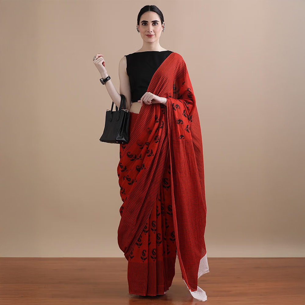 Jaipur Kurti Red Mulmul Cotton Paisley Printed Saree with Unstitched Blouse