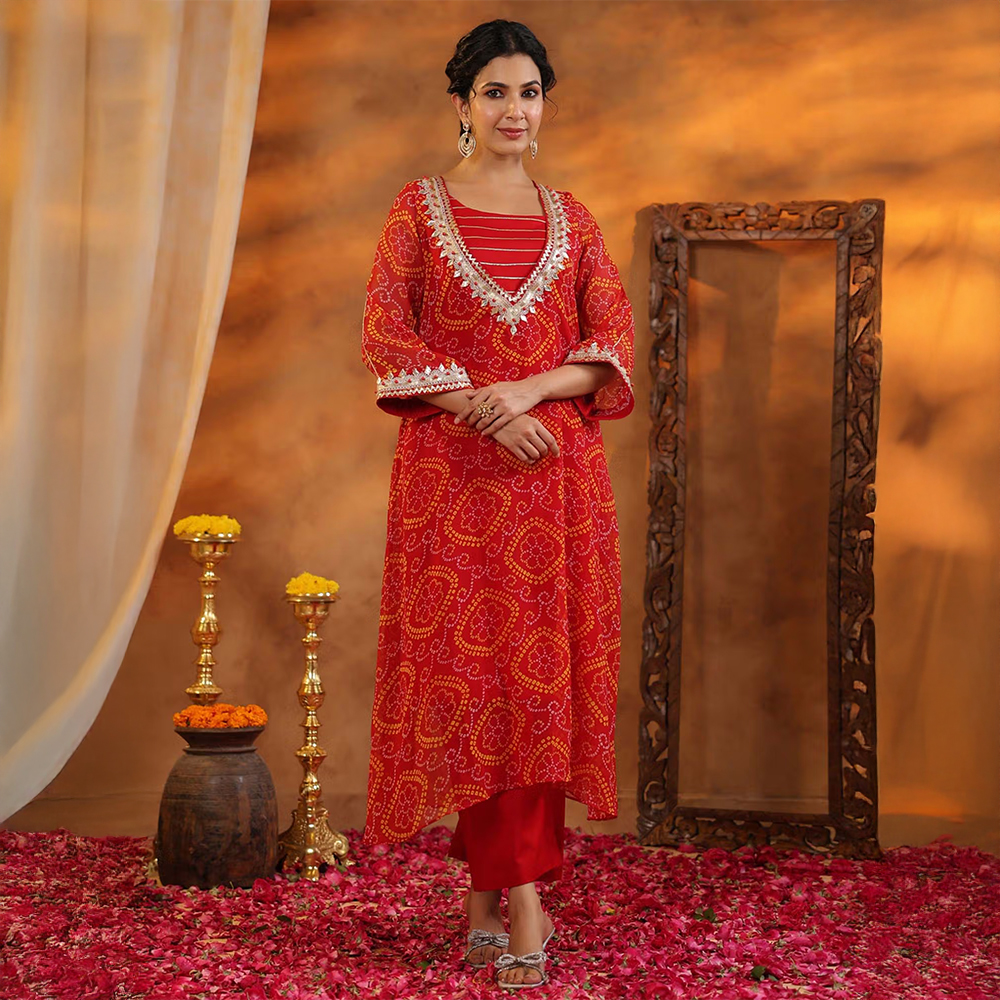 Gillori Red Aarna Bandhani Kurta with Inner and Pant (Set of 3)