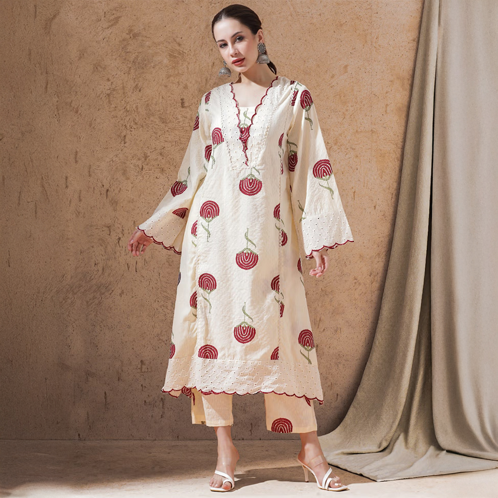 Stylebaazi White Floral Printed A-Line Kurta and Pant (Set of 2)