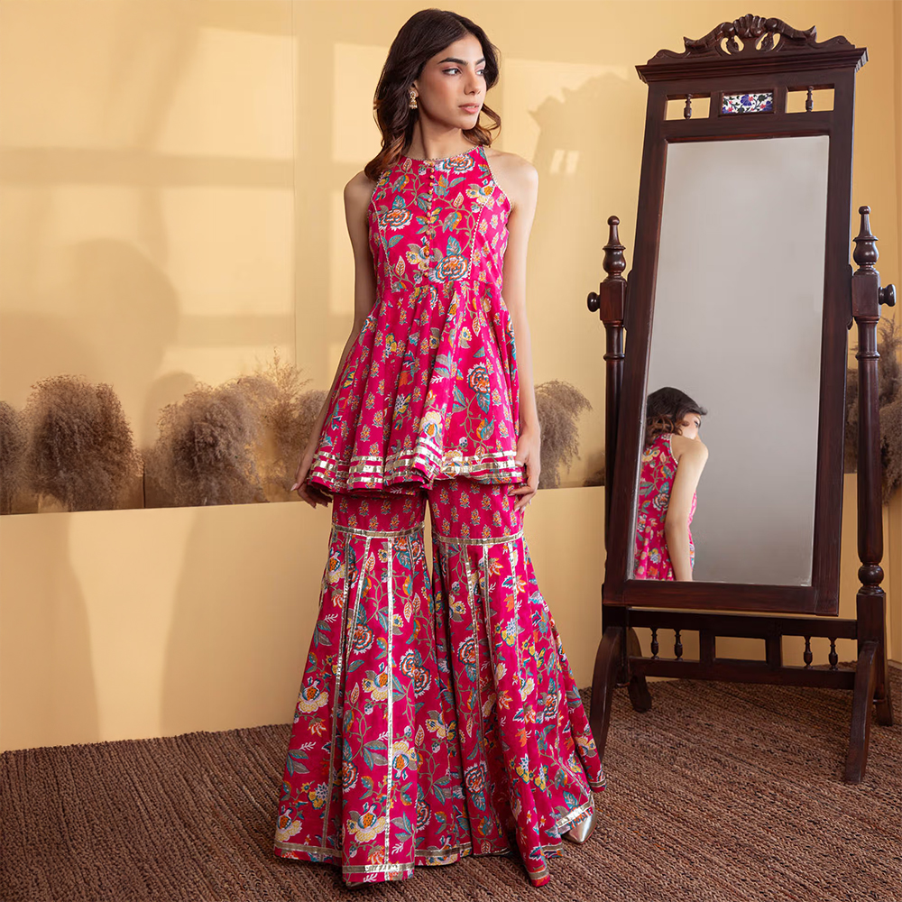 Aadveka Magenta Jaipuri Printed Cotton Kurta with Sharara and Dupatta (Set of 3)