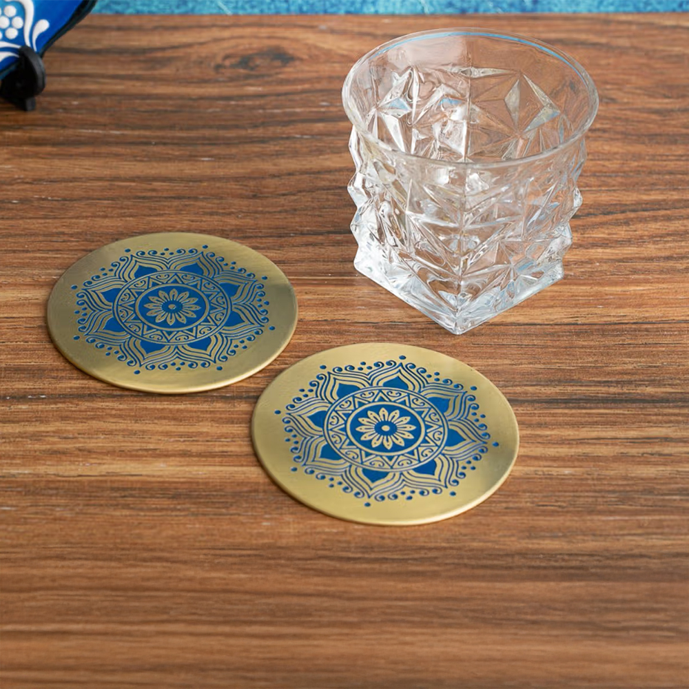 Utsav Brass Coaster - Set Of 2 (Blue)