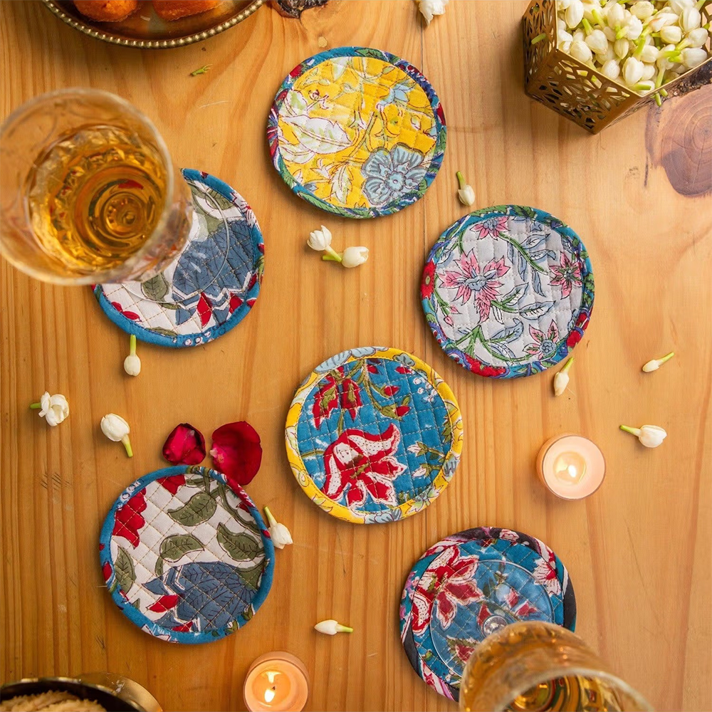 House of Ekam Round Colourful Reversible Coaster Set