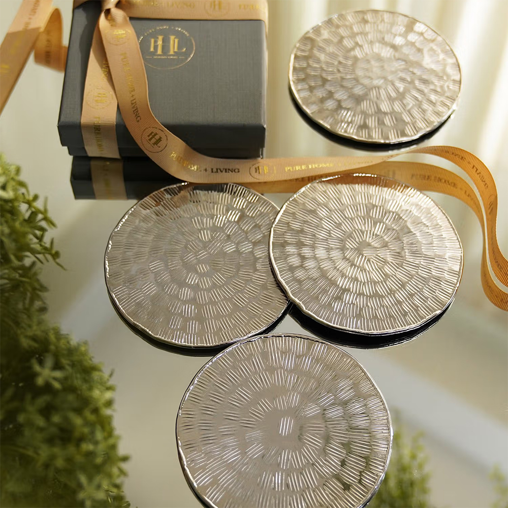 Pure Home + Living Set of 4 Silver Metal Line Hammered Round Coasters