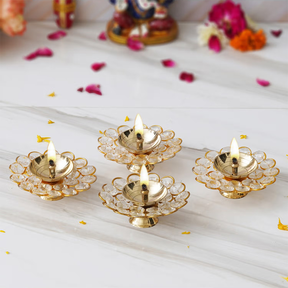 eCraftIndia Golden Flower Shape Crystal Brass Diyas