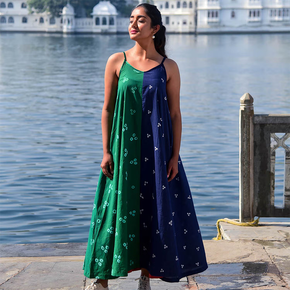 Earth & Soul Wabi Sabi Colorblock Bandhani Maxi Dress