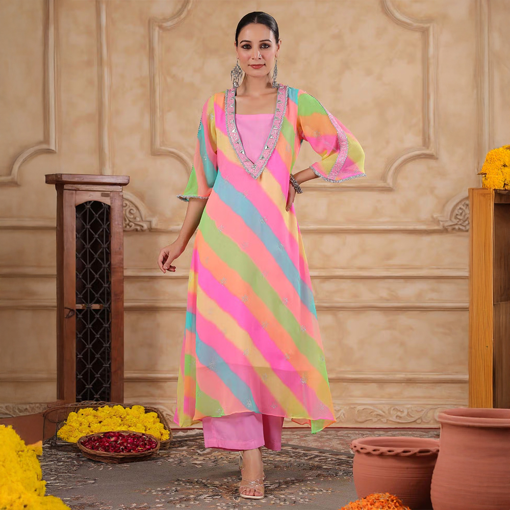 Gillori Rang Laheriya Kurta with Inner and Pant