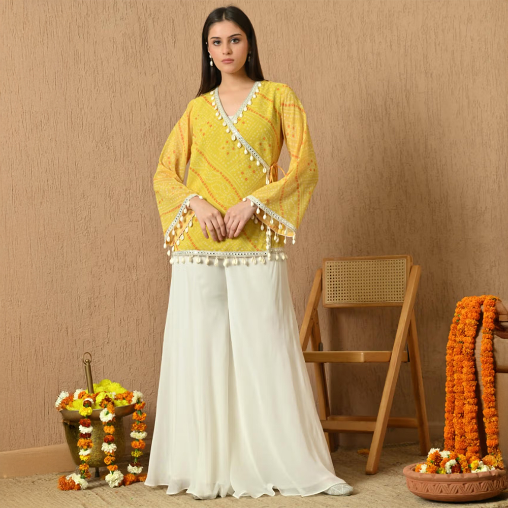 KELIN Yellow Kiara Bandhani Indo-Western Angrakha Top with Sharara