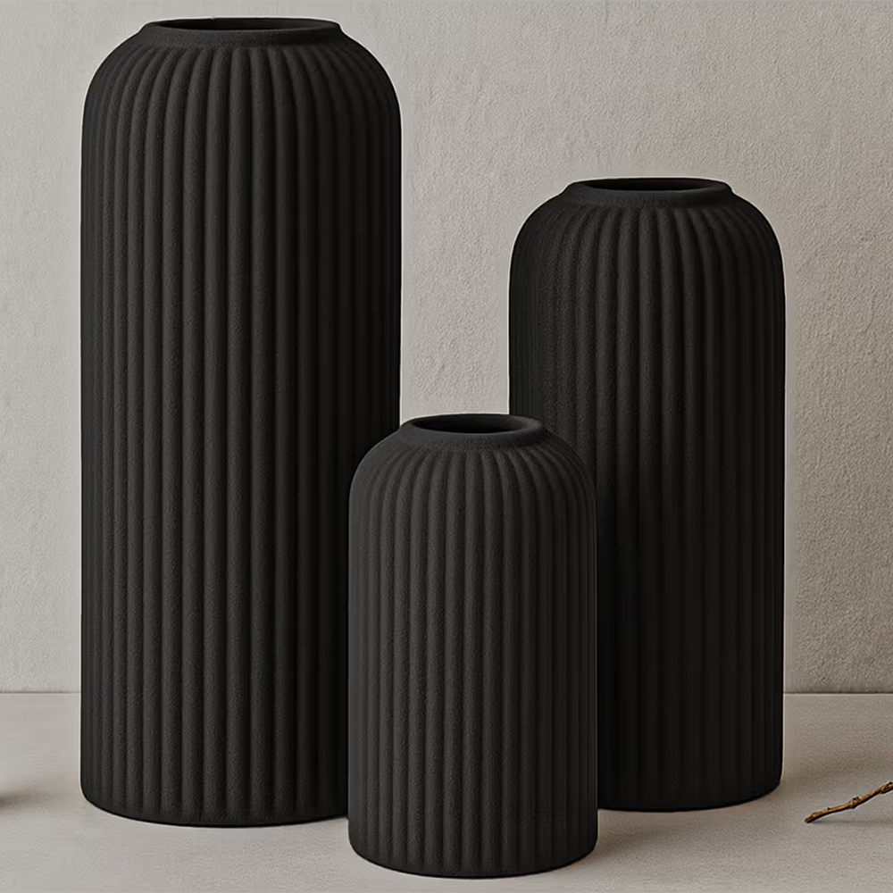 BODHI HOUSE Black Ceramic Ribbed Flower Vase