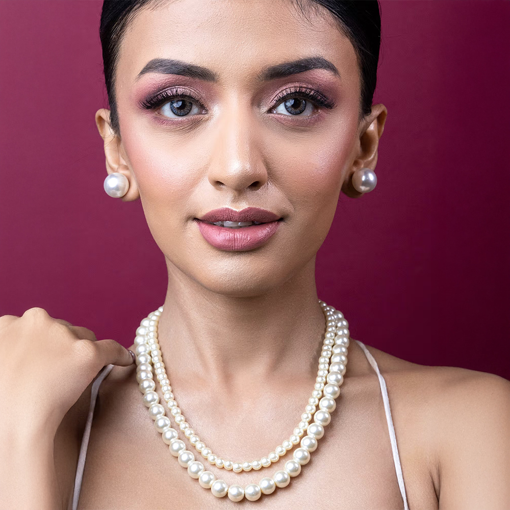 Estele Rhodium Plated Stunning Double Line Pearl Necklace Set for Women
