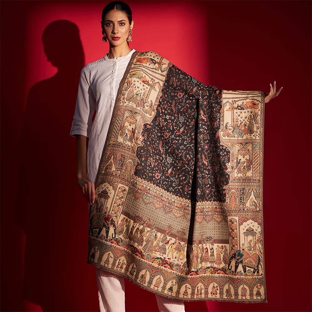 Zamour Womens Mughal Kashmiri Royal Woven Shawl-Black