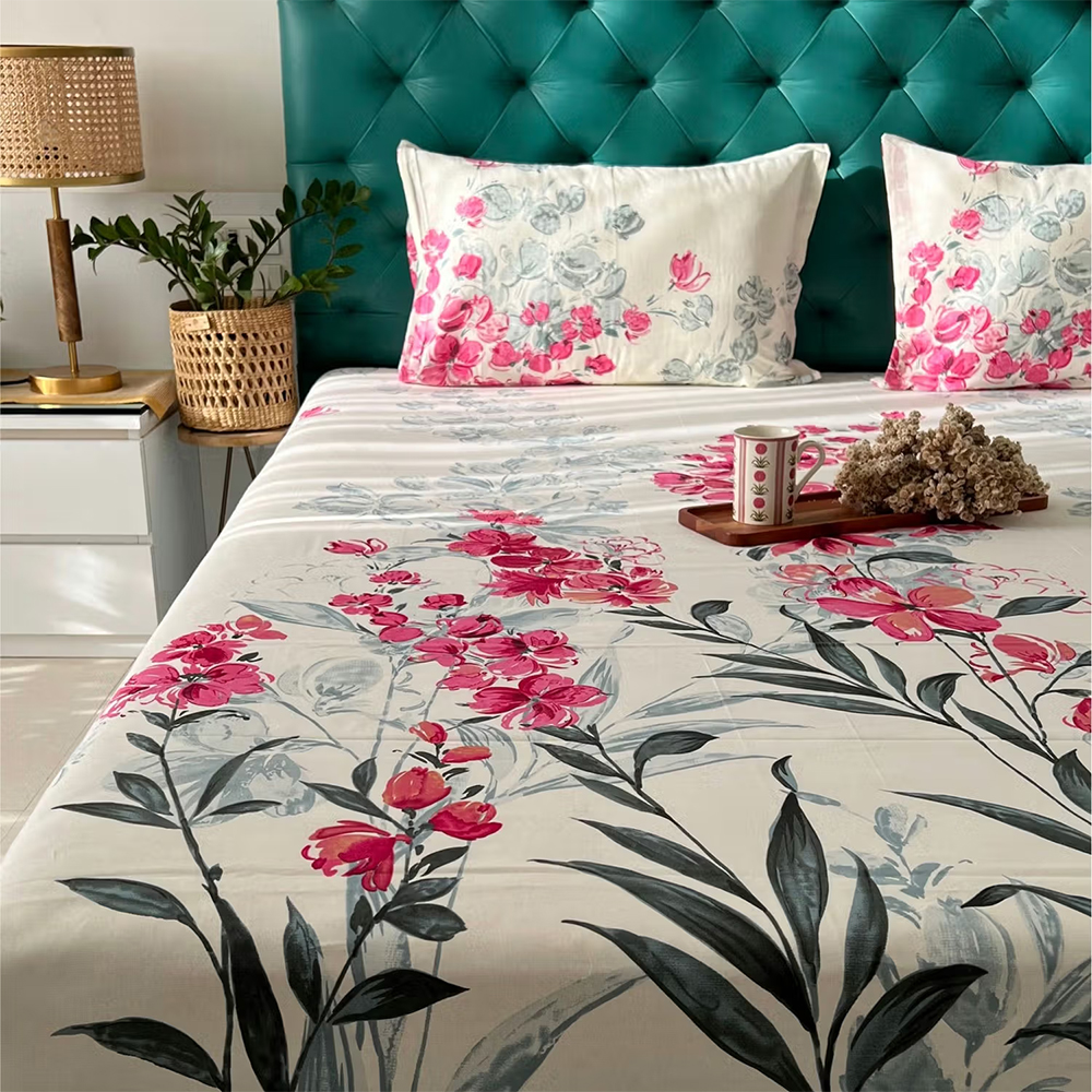 Urban Space Cotton Fitted Bedsheet Double Bed with 2 Pillow Covers(Majestic Pink)