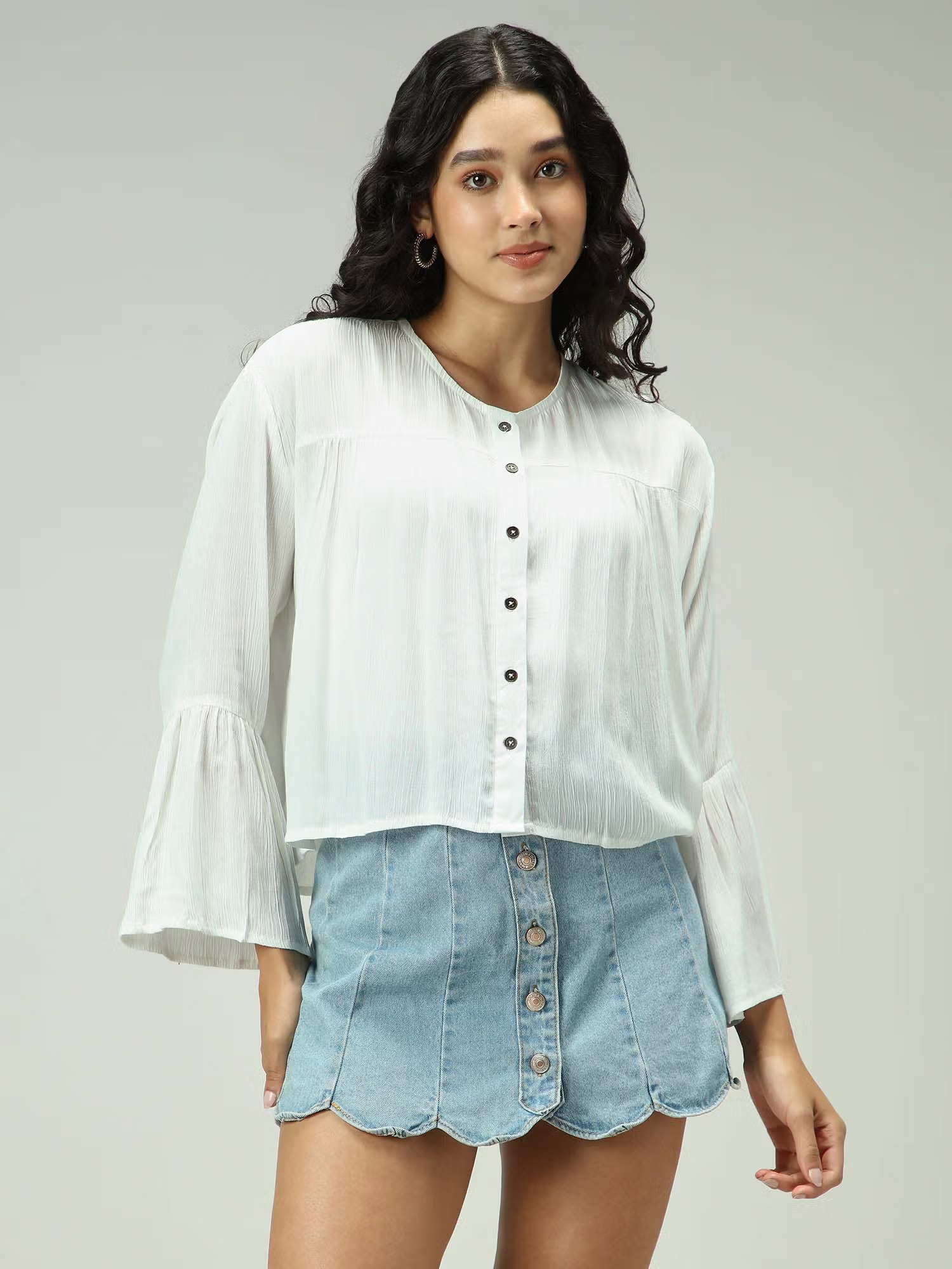 Outzidr White CrepeButton Down Flowy Vacay Shirt