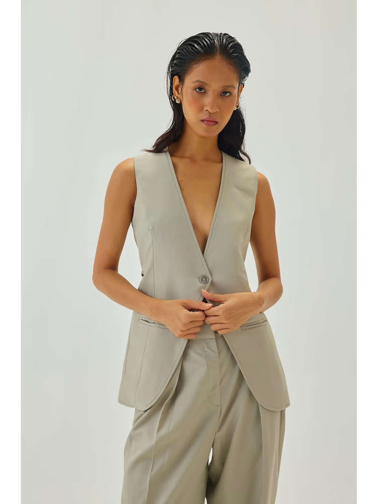 Shop Staple Grey V-Neck Solid Long Waistcoat