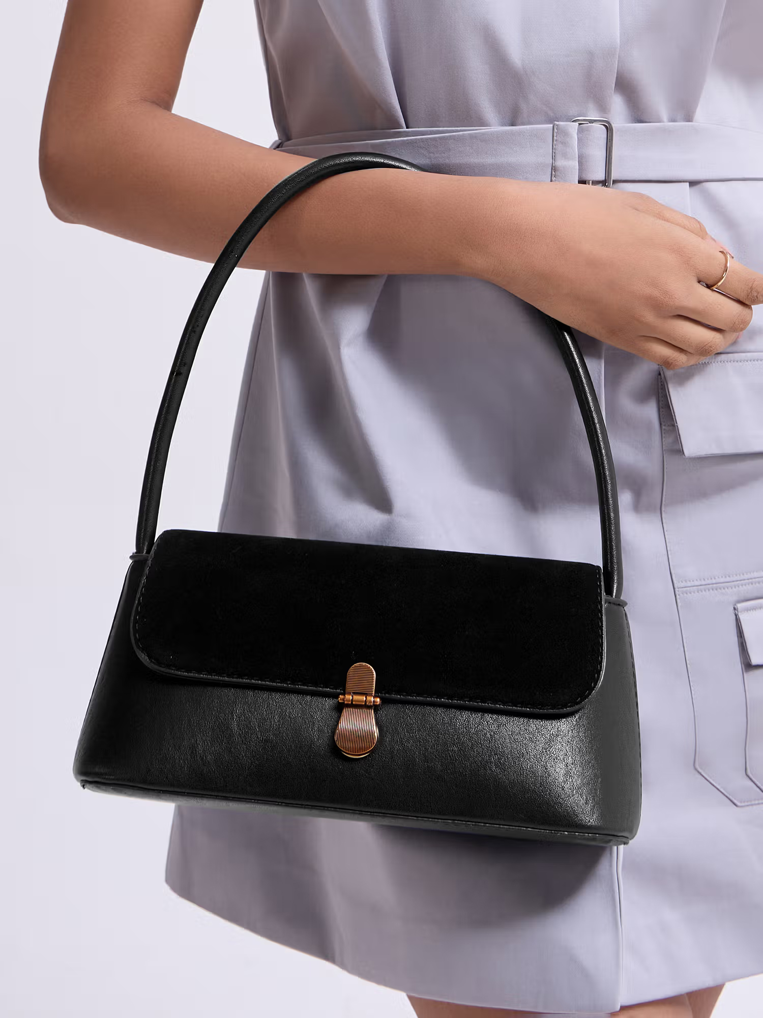 Twenty Dresses by Nykaa Fashion Black Structured Faux Suede Women's Baguette Handbag