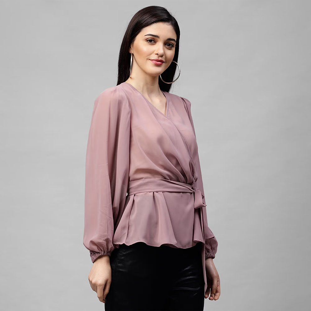 AAREIN Women Mauve Puff Sleeves Sheer Wrap Top