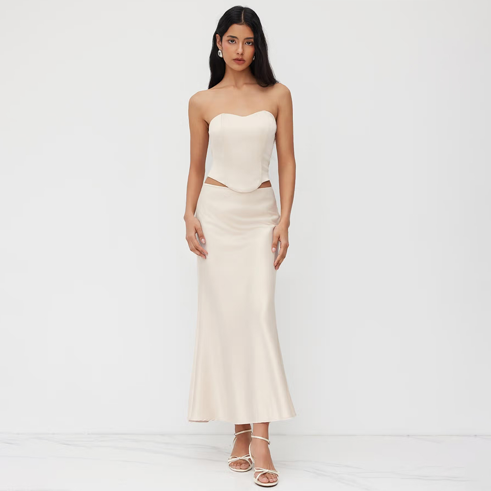 Cider Satin Bandeau Lace Up Top & Mid Rise Mermaid Maxi Skirt