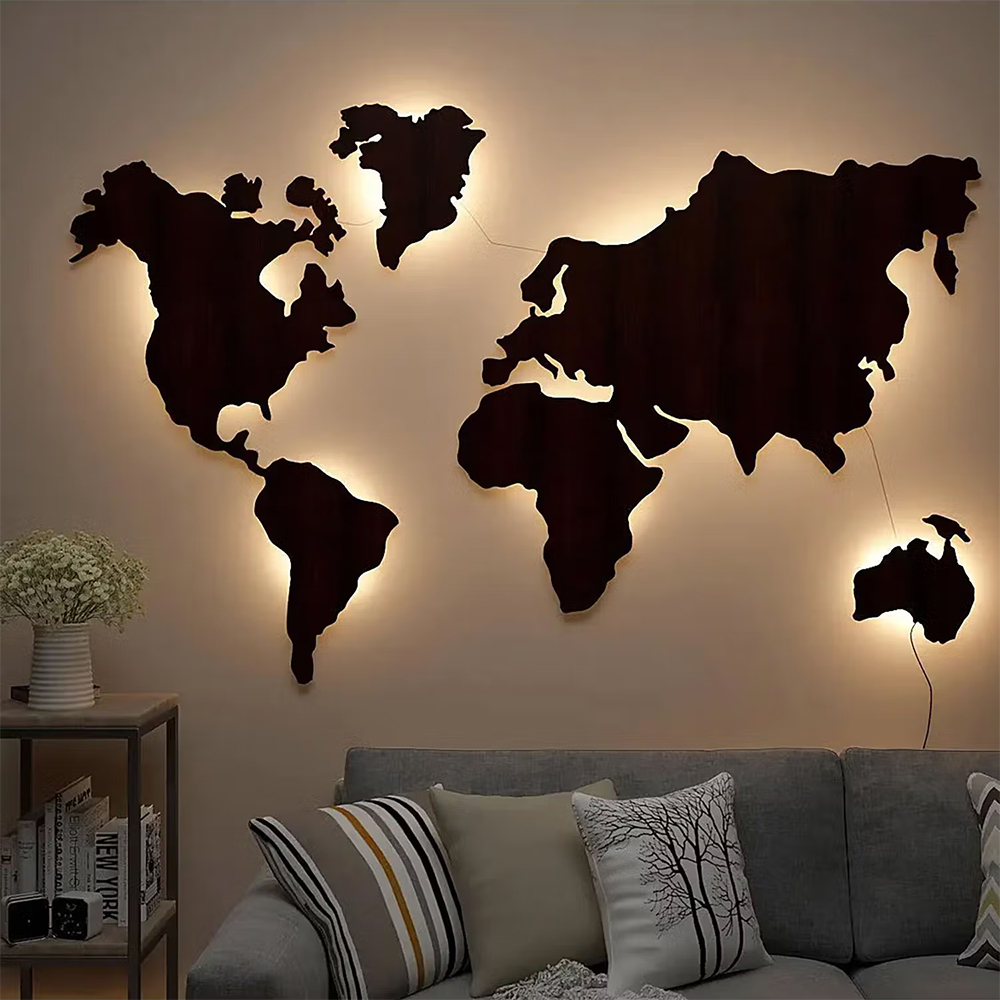 Dekorstation World Map Golden Yellow Backlit Wood Wall Hanging