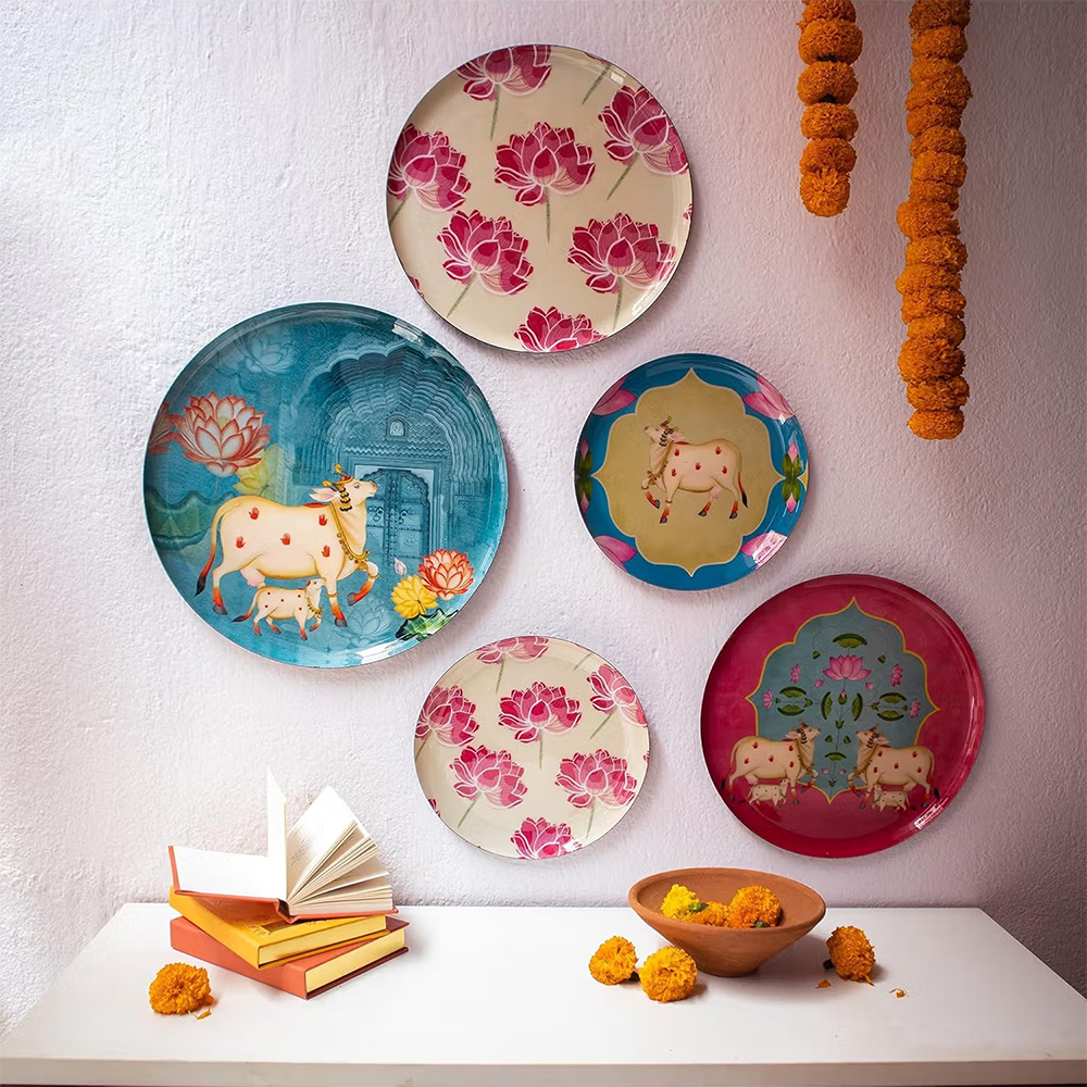 Ritualistic Pastel Pichwai Iron Wall Plates- Set Of 5 (Multicolor)