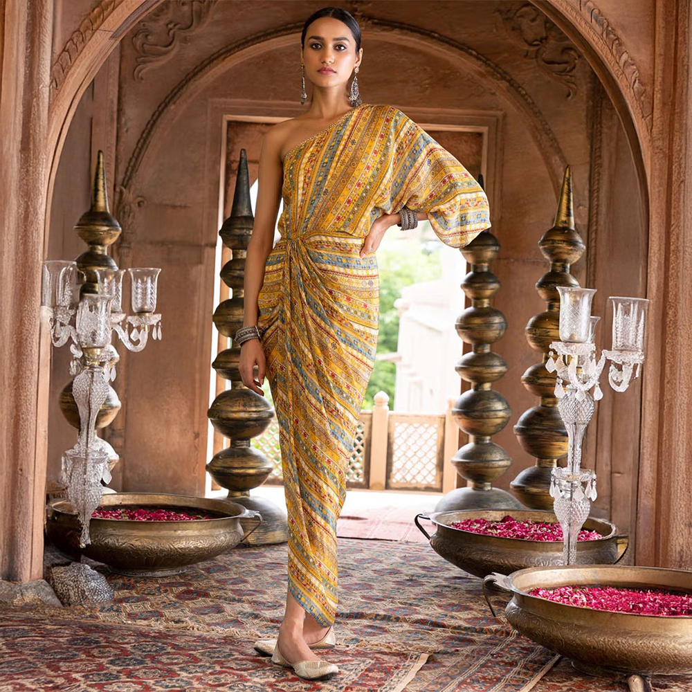 Chhavvi Aggarwal Yellow Printed One Shoulder Draped Dress