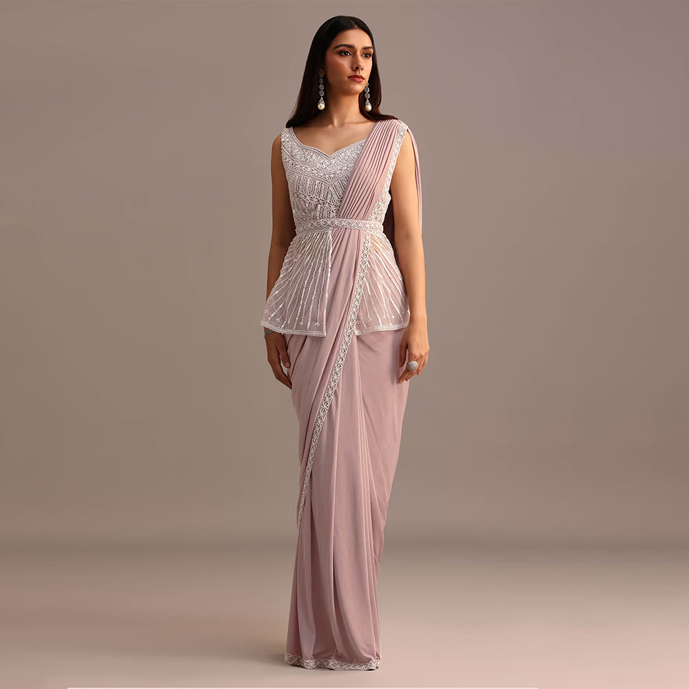 Kalki Fashion Dusky Pink Pleated Pre-drape Saree With Stitched Blouse and Belt