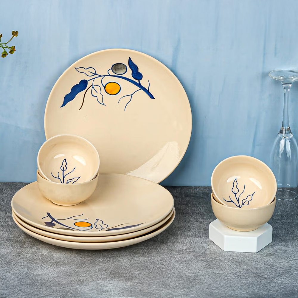 BODHI HOUSE Feather White Handpainted 8 Pieces Dinner Set