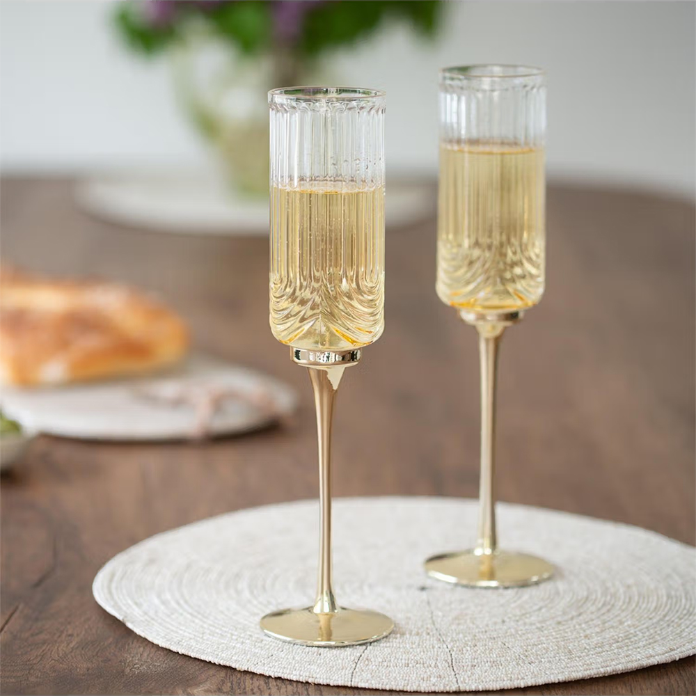 Melbify Gold Stem Goblet Ribbed Wine & Champagne Glass (Set Of 2)