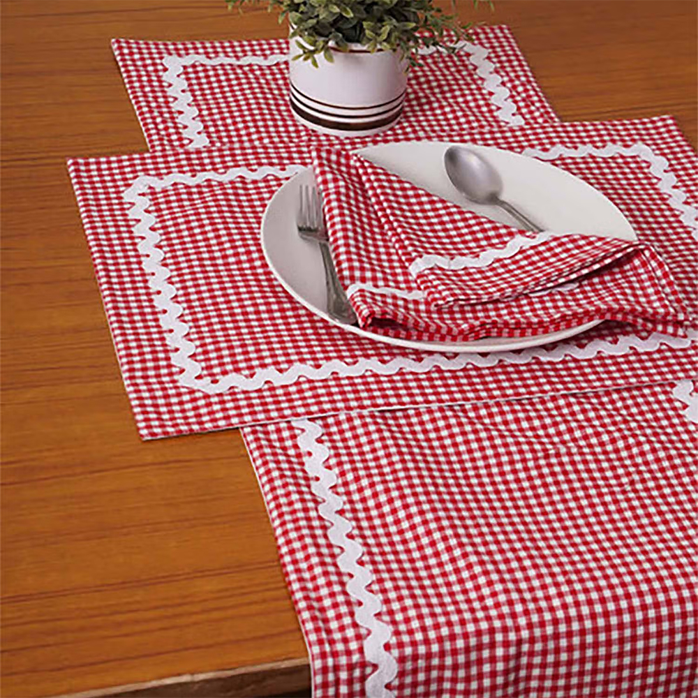 Belleven Cotton Gingham Lace Table Runner Red