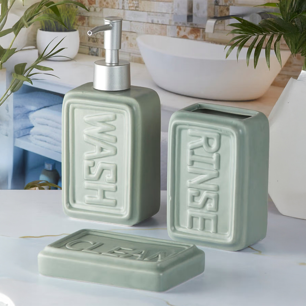 Kookee Ceramic Toothbrush Holder and Soap Dish with Soap Dispenser -Green (Set of 3)