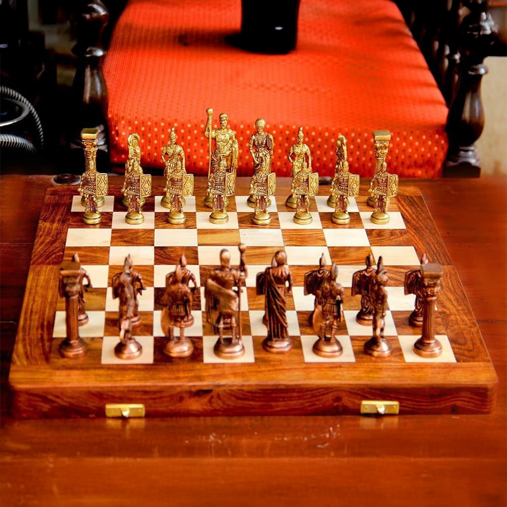 Unravel India Roman Brass Chess Set With Wooden Board