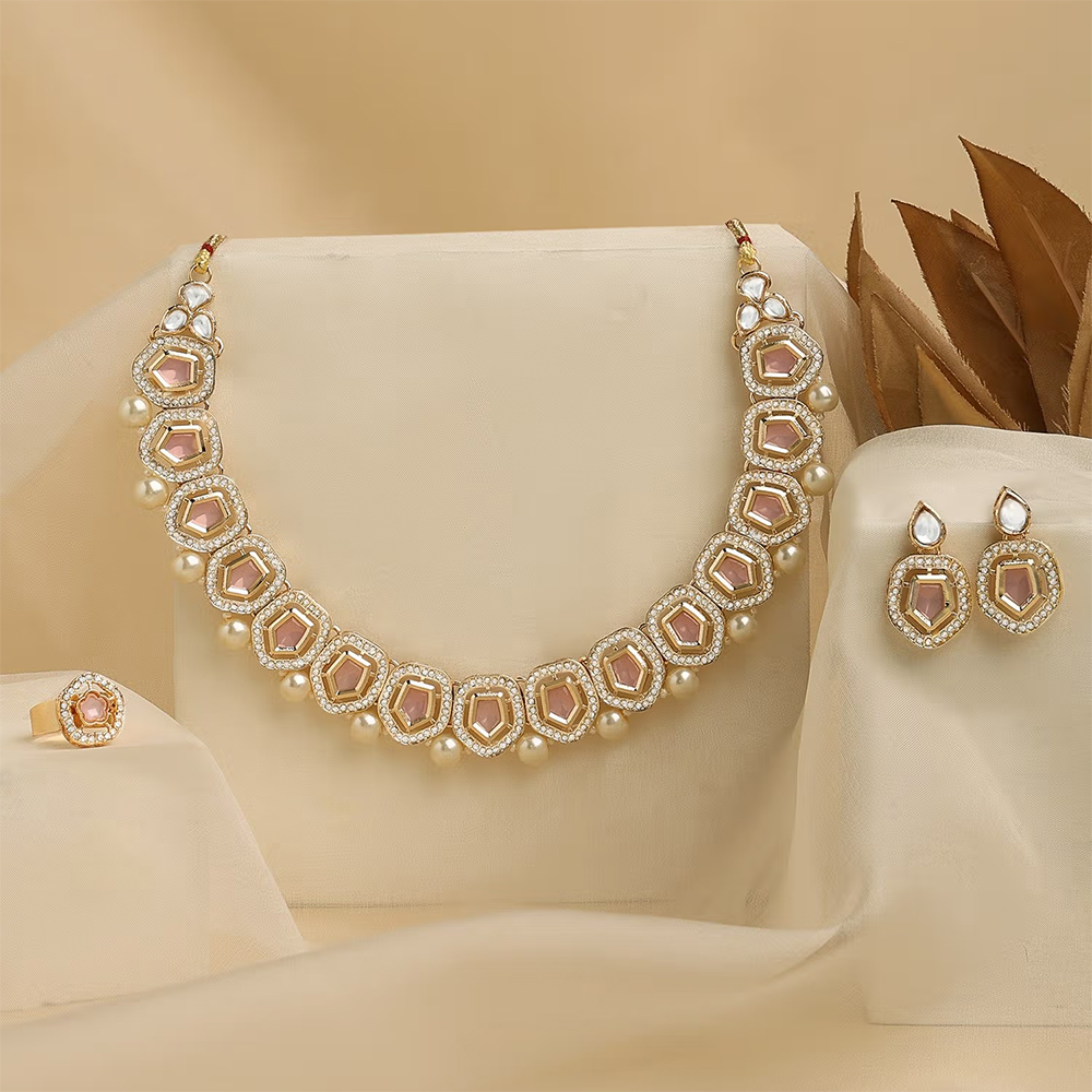 Zaveri Pearls Pink Austrian Diamonds Pearls Necklace Earring Ring Set-ZPFK17286